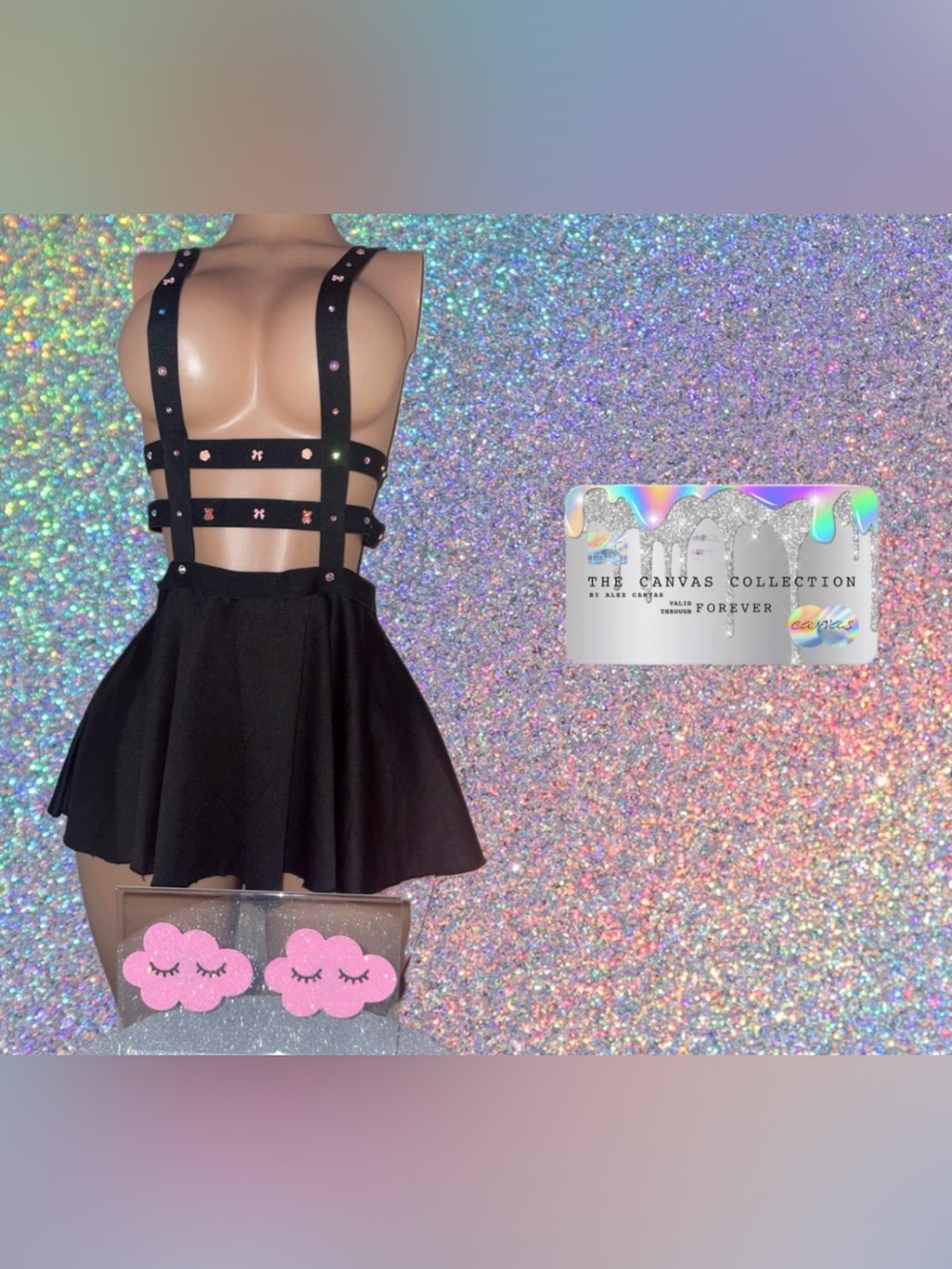 EXOTIC DANCEWEAR: Black Dress with designs & rhinestones with thong & pasties